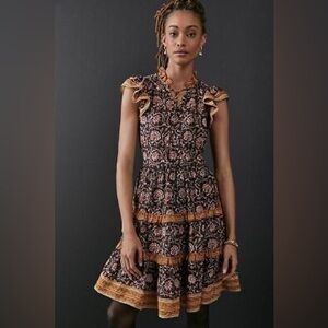 Anthropologie Almeria Ruffled Mini Dress by Othilia size XS Cotton w/ pockets